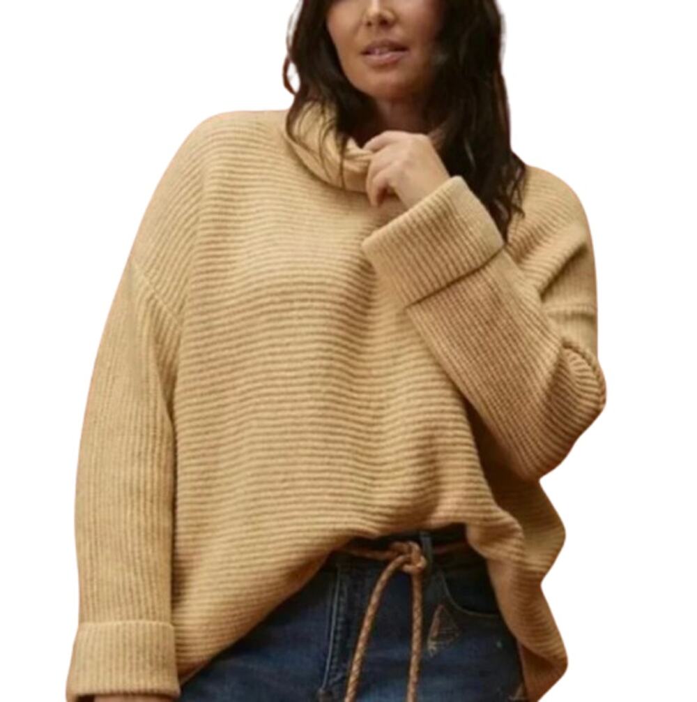 Anthropologie Pilcro Cowl Neck Pullover Knit Tunic Sweater Honey Beige Tan Sz L